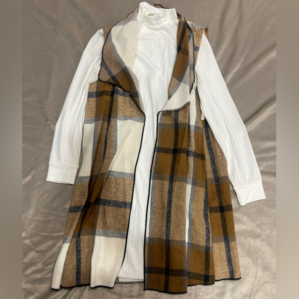 SHEIN Brown Plaid Sleeveless Dress with White Top